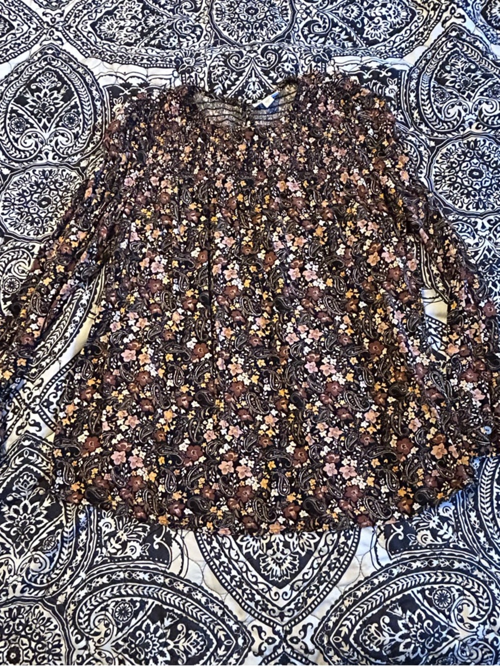 J. Jill Black Floral Blouse with Brown Blossoms